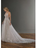 Beaded Ivory Lace Tulle Open Cross Back Wedding Dress